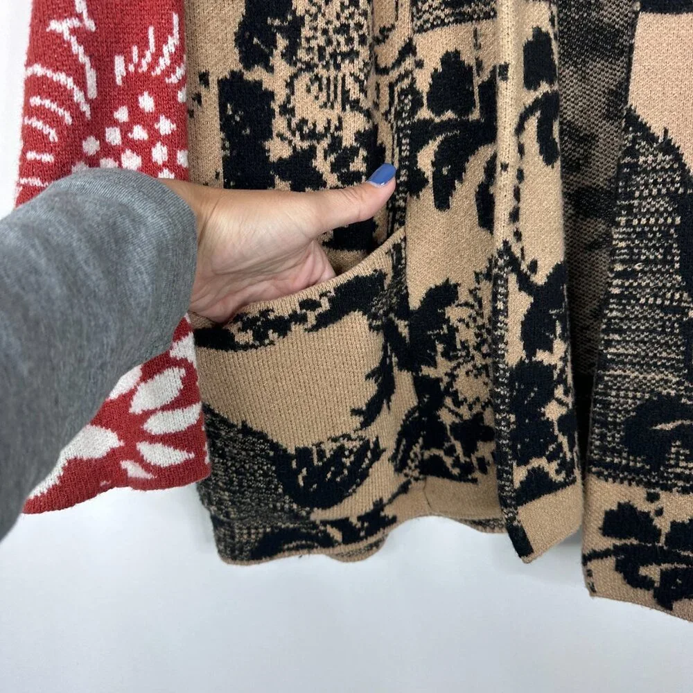 Anthropologie Lola Cocoon Cardigan Open Front Patchwork Tan Red XS/S #A1045